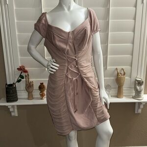 Haute Monde Blush Ruched Lace Up Bandage Dress
